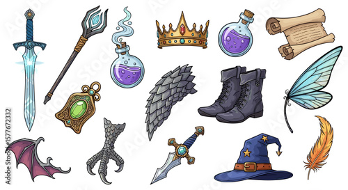 Collection of fantasy themed items including weapons and magical artifacts art