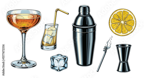 Illustration of cocktail glass, drink with straw, shaker, lemon and bar tools