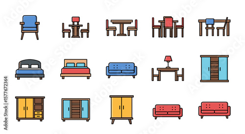 Illustration of various furniture items including chairs tables beds and sofas
