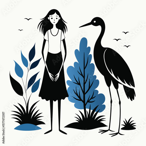 a woman standing next to a crane and plants.