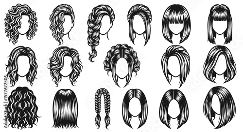 Collection of diverse hairstyle illustrations in black and white design style