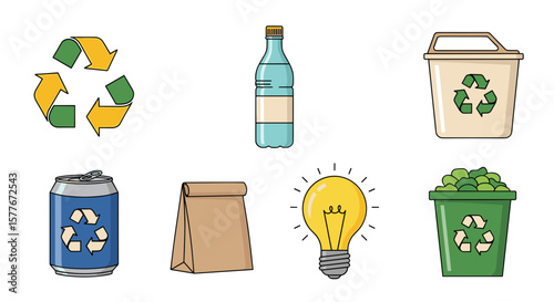 Illustration of recycling symbols and recyclable items such as bottle and can