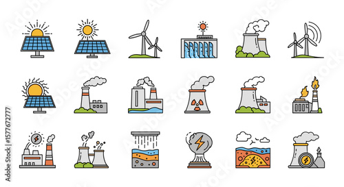 Illustration of varied energy sources including solar, wind, hydro, and nuclear