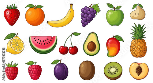 Illustration of a variety of colorful fruits including berries and tropicals