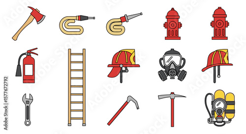 Illustration showing various firefighting equipment and tools in detailed view