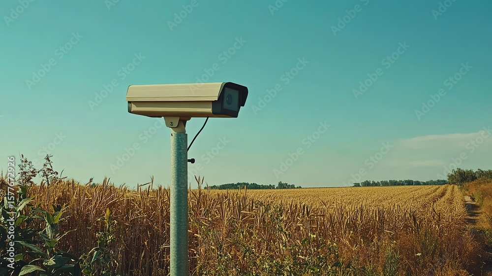 A surveillance camera mounted on a pole overlooks a rural field under a clear blue sky during daytime. A surveillance camera mounted on a pole overlooks a rural field under a clear blue sky during daytime.