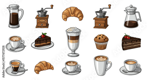 Illustration of coffee drinks pastries and coffee grinders on a white background