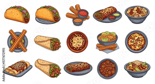 Illustration of various mexican dishes including tacos burritos and churros