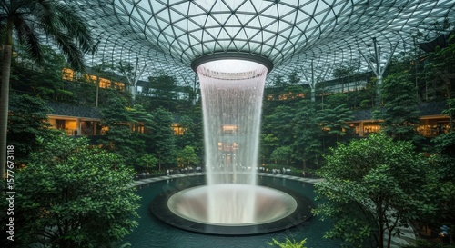 Spectacular Jewel Changi Airport Waterfall with indoor greenery creates a serene ambiance