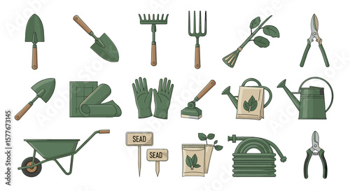 Illustration of various gardening tools including shovels and watering cans