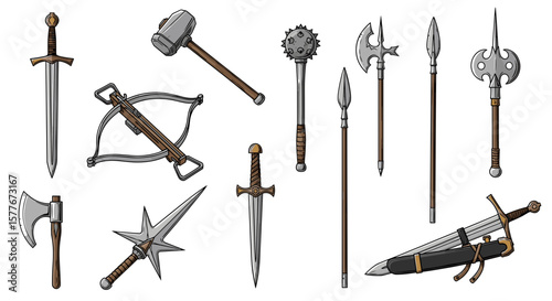 Collection of medieval weapons including swords axes spears and a crossbow shown