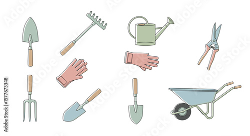 Illustration of various gardening tools including shovels, rake and wheelbarrow