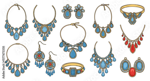 Illustration of various jewelry pieces including necklaces rings and earrings