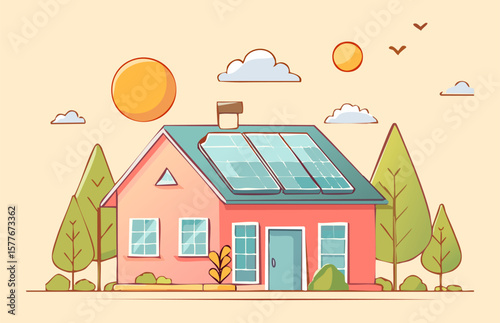 Flat vector of a coral-colored house with large rooftop solar panels under a warm sun and cloudy sky, illustrating sustainable energy and eco-smart suburban living