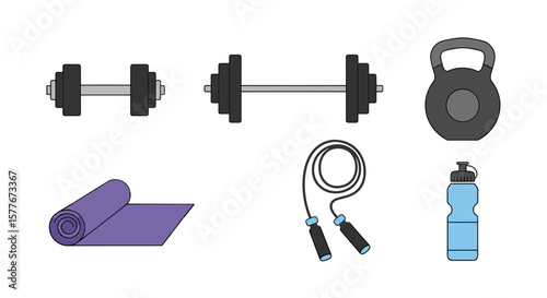 Illustration of fitness equipment including dumbbells kettlebell and yoga mat