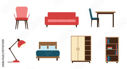 Illustration of various furniture items including bed chair and table lamp set