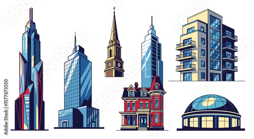 Illustration of diverse architectural styles including skyscrapers and dome building