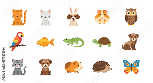 Cartoon illustration featuring a variety of different types of pet animals