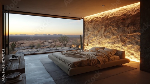 A minimalist nature-inspired bedroom with a low-profile bed, neutral linens, a natural stone accent wall, and soft lighting highlighting a panoramic view of a desert landscape.
