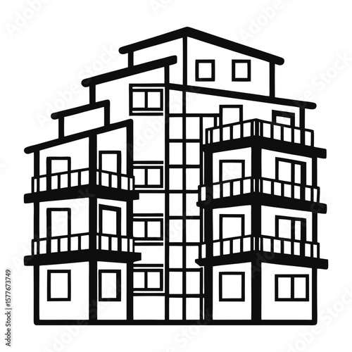 a black and white drawing of a building with balconies.