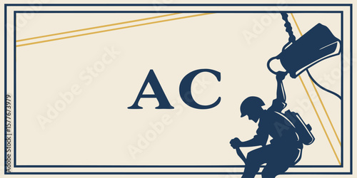 Silhouette of a construction worker hanging from a bucket with the letters ac in the center