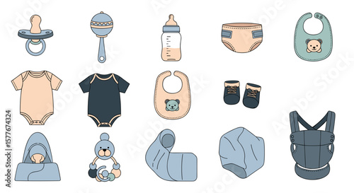 Illustration of various baby items including clothing and accessories set on white