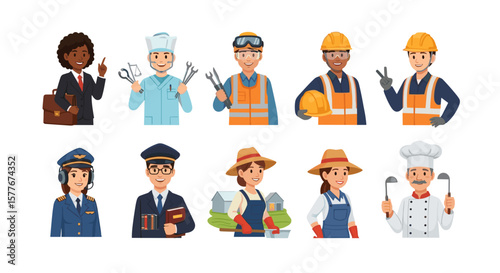 Diverse group of professionals representing various occupations and careers shown