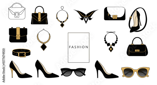 Illustration of various fashion accessories including bags necklaces and shoes