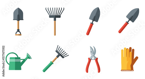Illustration of various gardening tools including shovels rakes and watering can
