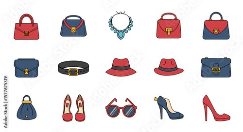 Collection of fashionable women accessories including bags shoes and jewelry