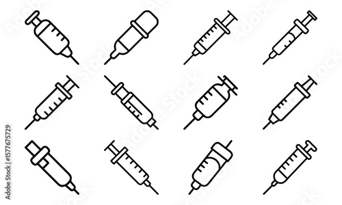 Vector outline syringe icons depicting medical injections and vaccination procedures for healthcare applications