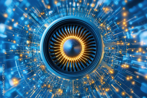 High speed camera capturing micro defects in turbine engine, showcasing intricate details and vibrant colors. image conveys sense of advanced technology and precision engineering