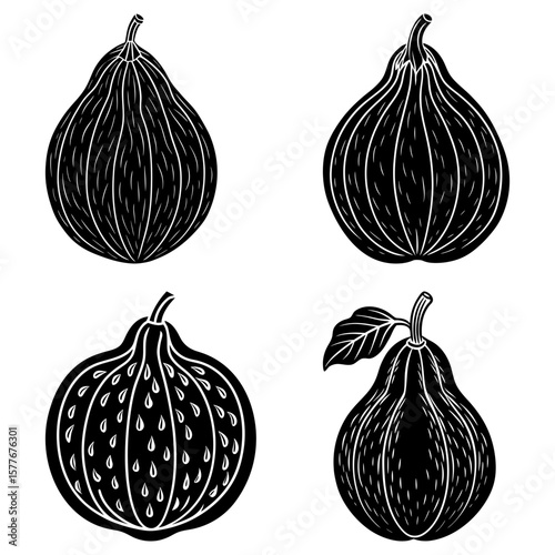 Four black and white fig illustrations with varying designs and a leaf on a white background