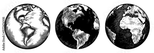 Earth Globes in a Woodcut Style in Black and White