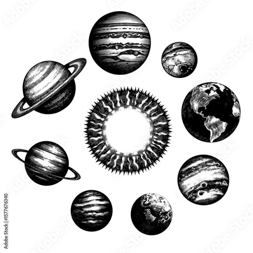Solar System in an Engraved Style in Black and White