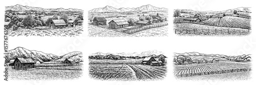 Pastoral Farm Scenes in Black and White Wood Engravings, Representing Rural Life