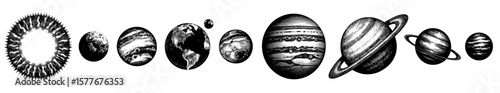 Solar system in a vintage engraving style in black and white