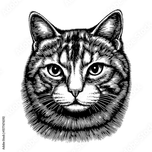 Cat head in engraving style looking at viewer