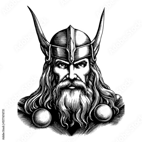 Scandinavian god Thor, black and white illustration