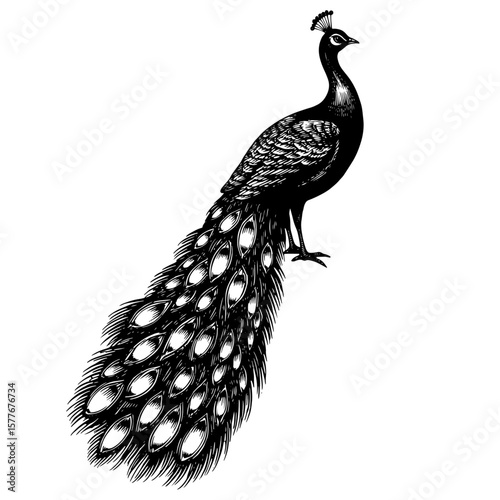 Peacock with spread tail feathers in profile, black and white