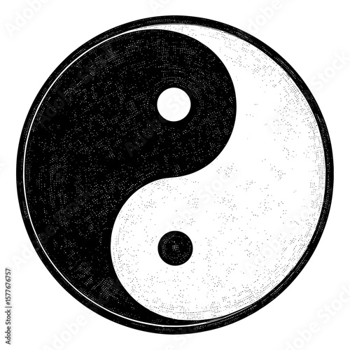 Stippled Yin and Yang symbol in black and white representing balance and duality