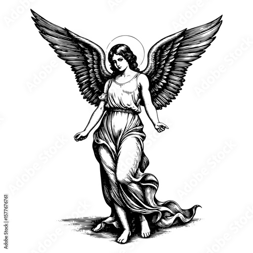 Winged angel in a flowing robe, black and white illustration