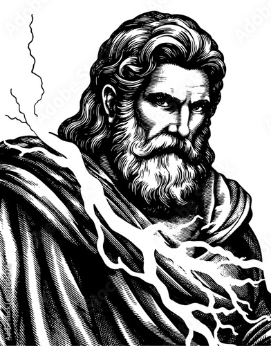 Zeus with beard and lightning, black and white illustration