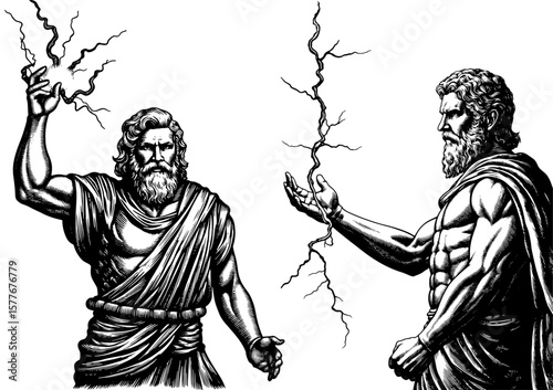 Zeus commanding lightning, black and white illustration