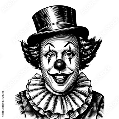 Melancholic clown character in a detailed woodcut style, wearing a top hat and ruffle