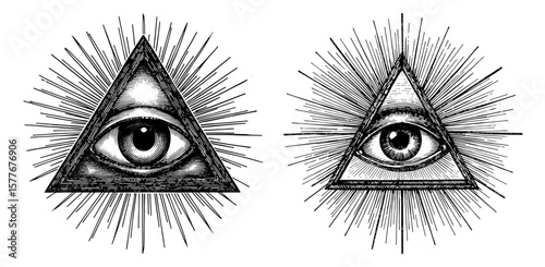 Engraved Eye of Providence symbols in black and white representing divinity and spirituality