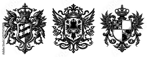 Heraldic coats of arms in a baroque engraving style