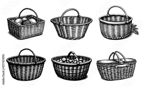 Hand-drawn wicker baskets in a vintage monochrome style for use in rustic or harvest-themed designs