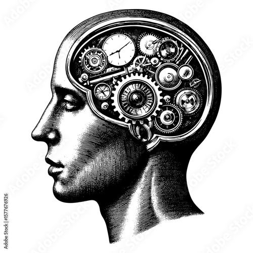 Human head with clockwork mind in profile, engraved style