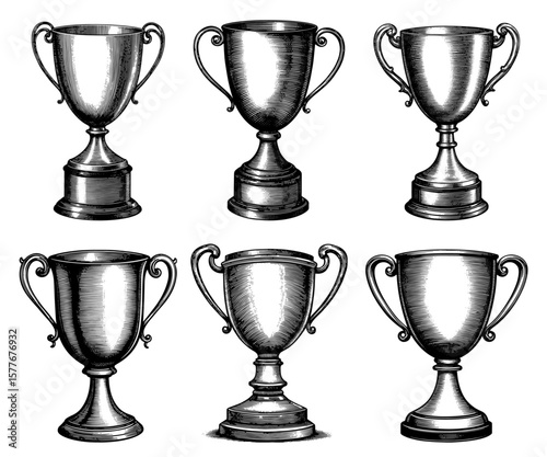 Engraved style trophy illustrations in black and white